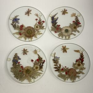 Lot of 4 Vtg Dried Flower Glass Coasters 4" Round Cottagecore Floral Dining